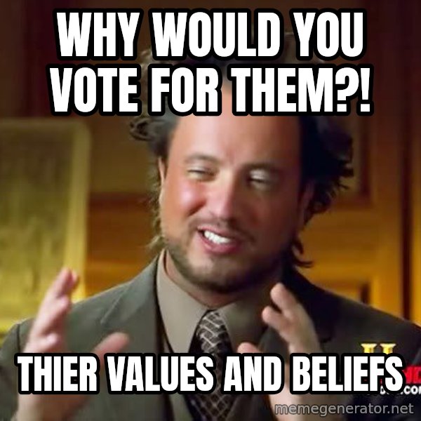 Ancient Aliens meme: why would you vote for them?! / thier values and beliefs