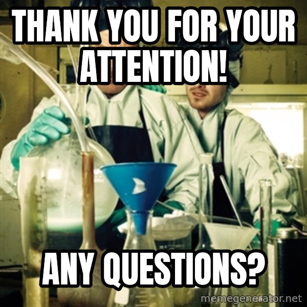 breaking bad meme: Thank you for your attention! / ANY QUESTIONS?