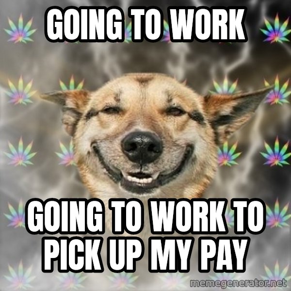 Stoner Dog meme: Going to worK / Going to work to pick up my pay