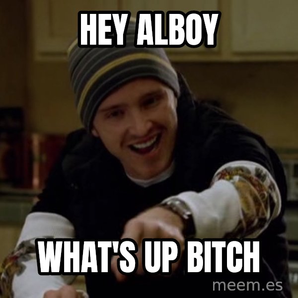 Jesse Pinkman Yeah Science meme: hey alboy / what's up bitch