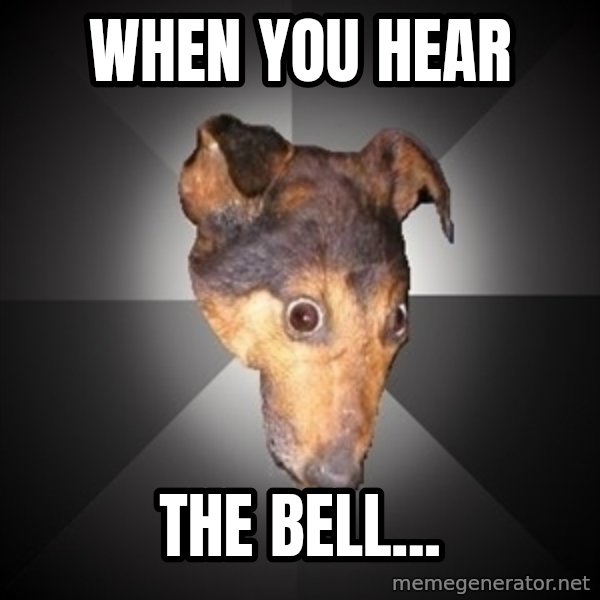 Depression Dog meme: WHEN YOU HEAR / THE BELL...