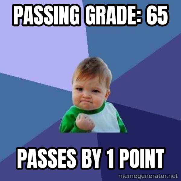 Success Kid meme: passing grade: 65 / passes by 1 point