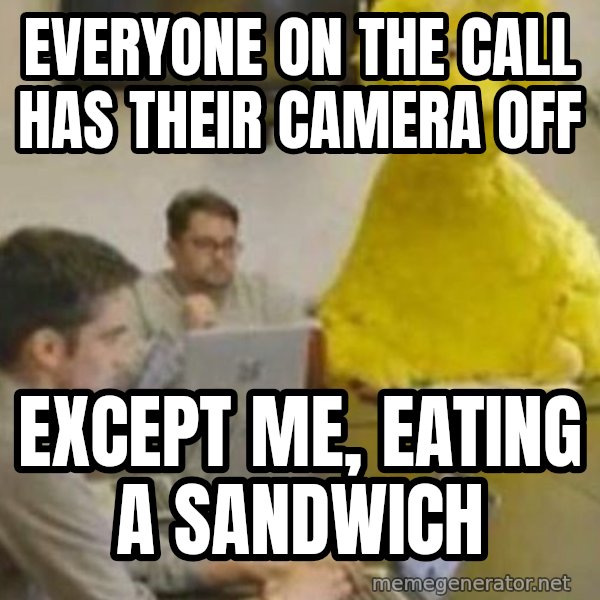 Big Bird In Meeting meme: Everyone on the call has their camera off / Except me, eating a sandwich