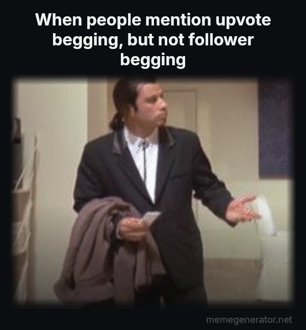 Confused Travolta meme: When people mention upvote begging, but not follower begging