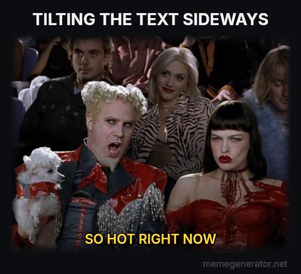 So Hot Right Now meme: TILTING THE TEXT SIDEWAYS / SO HOT RIGHT NOW