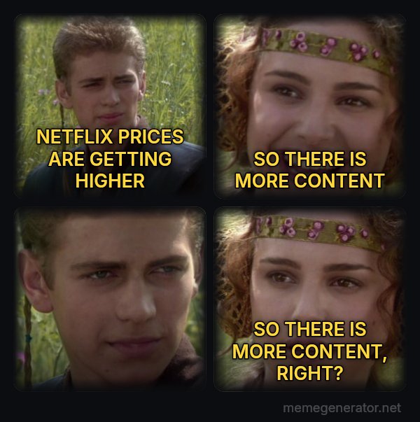 Anakin and Padme meme: NETFLIX PRICES ARE GETTING HIGHER / SO THERE IS MORE CONTENT / SO THERE IS MORE CONTENT, RIGHT?