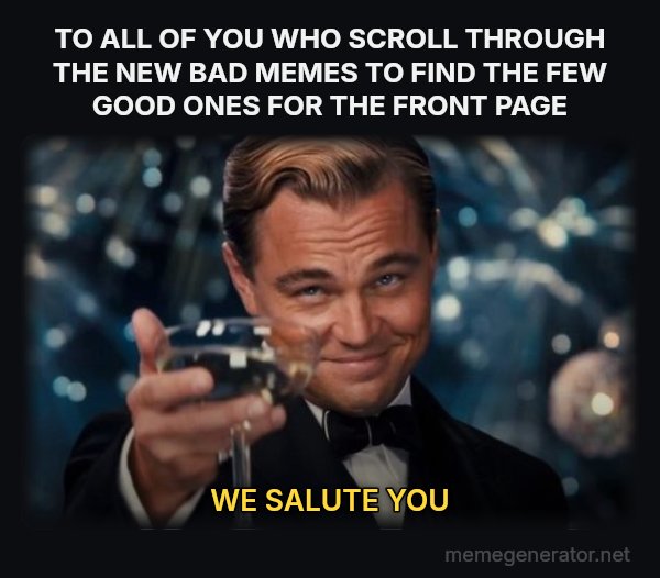 Leonardo DiCaprio Cheers meme: TO ALL OF YOU WHO SCROLL THROUGH THE NEW BAD MEMES TO FIND THE FEW GOOD ONES FOR THE FRONT PAGE / WE SALUTE YOU