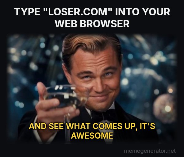 Leonardo DiCaprio Cheers meme: TYPE "LOSER.COM" INTO YOUR WEB BROWSER / AND SEE WHAT COMES UP, IT'S AWESOME