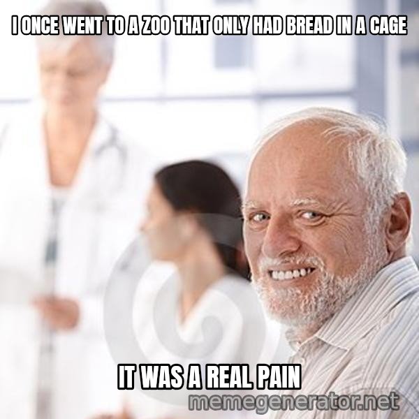 Harold at the Doctor's meme: I ONCE WENT TO A ZOO THAT ONLY HAD BREAD IN A CAGE / IT WAS A REAL PAIN