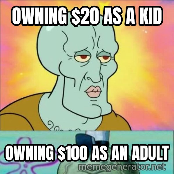 Handsome Squidward meme: OWNING $20 AS A KID / OWNING $100 AS AN ADULT