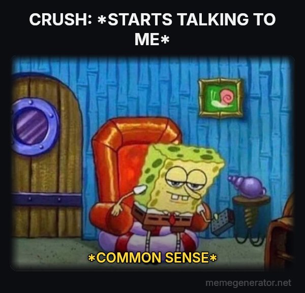 Ight Imma Head Out meme: CRUSH: *STARTS TALKING TO ME* / *COMMON SENSE*