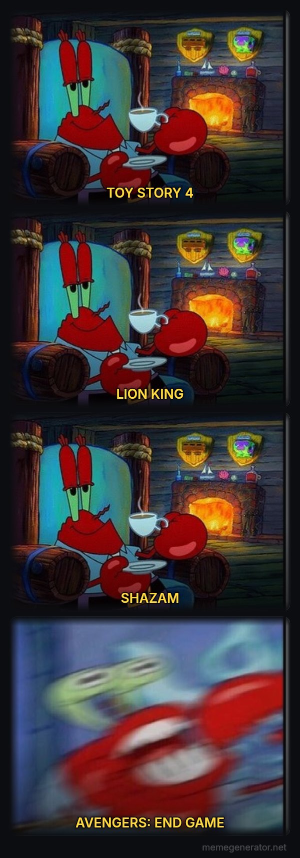 Shocked Mr. Krabs meme: TOY STORY 4 / LION KING / SHAZAM / AVENGERS: END GAME