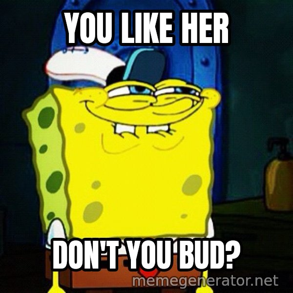 You Like Krabby Patties, Don't You Squidward? meme: YOU LIKE HER / DON'T YOU BUD?