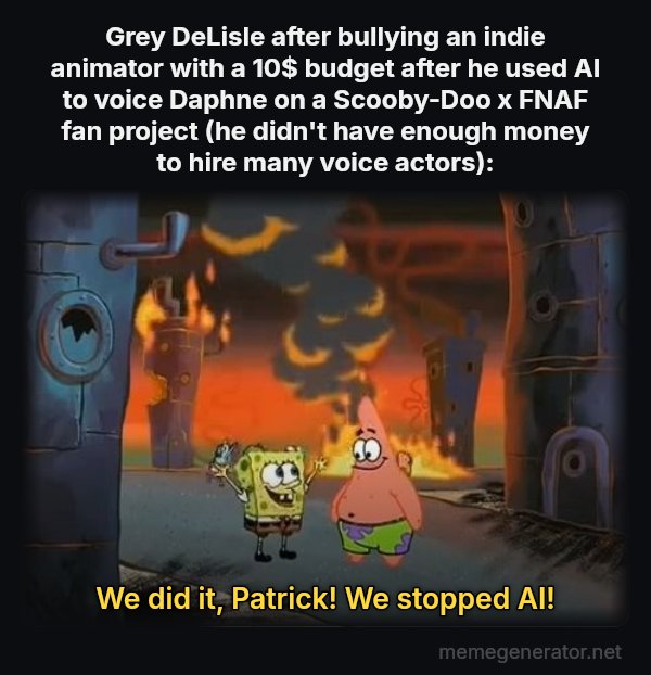 We Did It, Patrick! We Saved the City! meme: Grey DeLisle after bullying an indie animator with a 10$ budget after he used AI to voice Daphne on a Scooby-Doo x FNAF fan project (he didn't have enough money to hire many voice actors): / We did it, Patrick! We stopped AI!