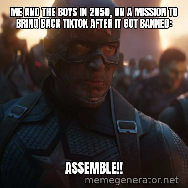 Avengers, Assemble meme: ME AND THE BOYS IN 2050, ON A MISSION TO BRING BACK TIKTOK AFTER IT GOT BANNED: / ASSEMBLE!!