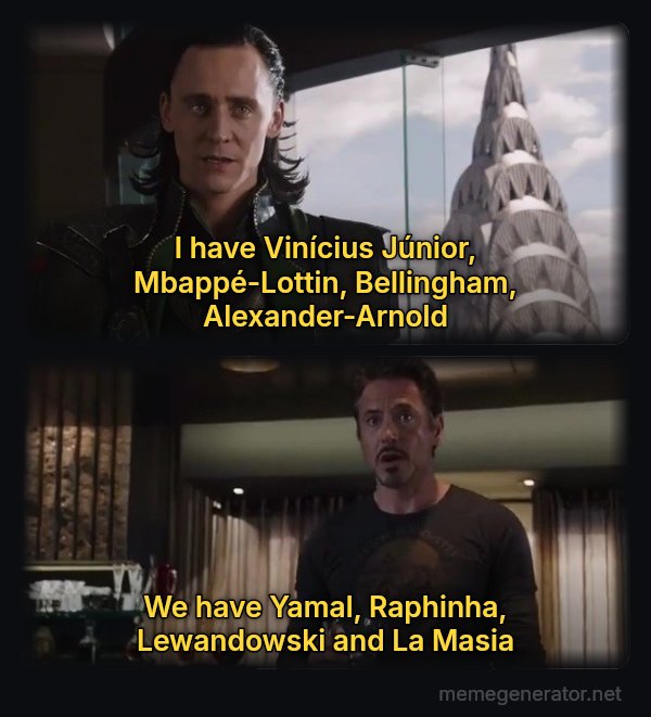 I Have an Army - We Have a Hulk meme: I have Vinícius Júnior, Mbappé-Lottin, Bellingham, Alexander-Arnold / We have Yamal, Raphinha, Lewandowski and La Masia