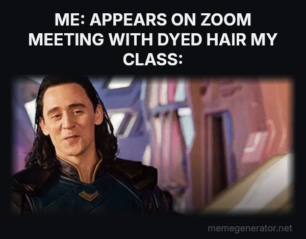 I've Never Met This Man in My Life meme: ME: APPEARS ON ZOOM MEETING WITH DYED HAIR
MY CLASS: