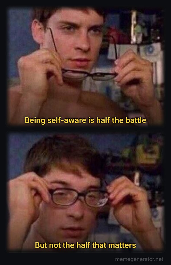 Peter Parker's Glasses meme: Being self-aware is half the battle / But not the half that matters