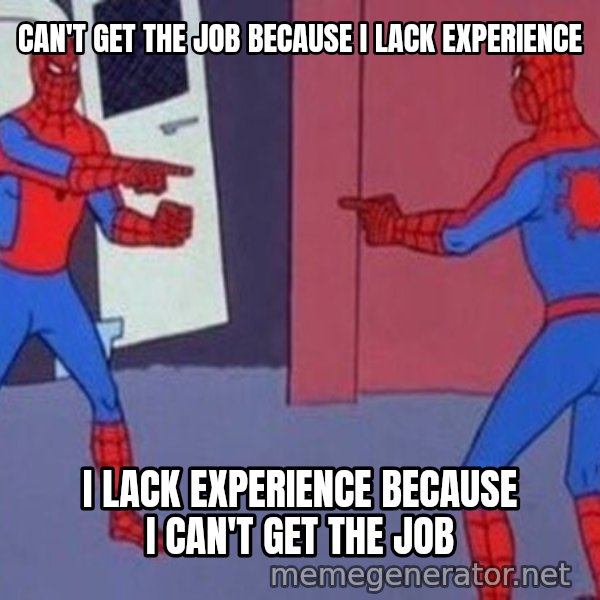 Spider-Man Pointing at Spider-Man meme: CAN'T GET THE JOB BECAUSE I LACK EXPERIENCE / I LACK EXPERIENCE BECAUSE I CAN'T GET THE JOB