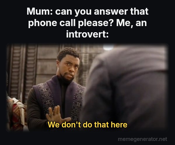 We Don't Do That Here meme: Mum: can you answer that phone call please?
Me, an introvert: / We don't do that here