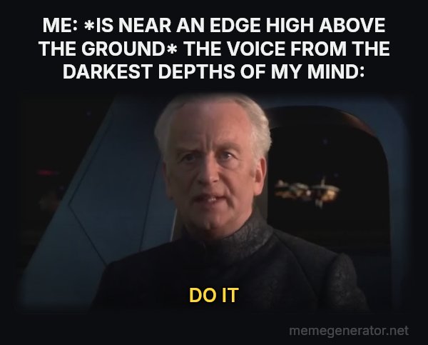 Do It (Dew It) meme: ME: *IS NEAR AN EDGE HIGH ABOVE THE GROUND*
THE VOICE FROM THE DARKEST DEPTHS OF MY MIND: / DO IT