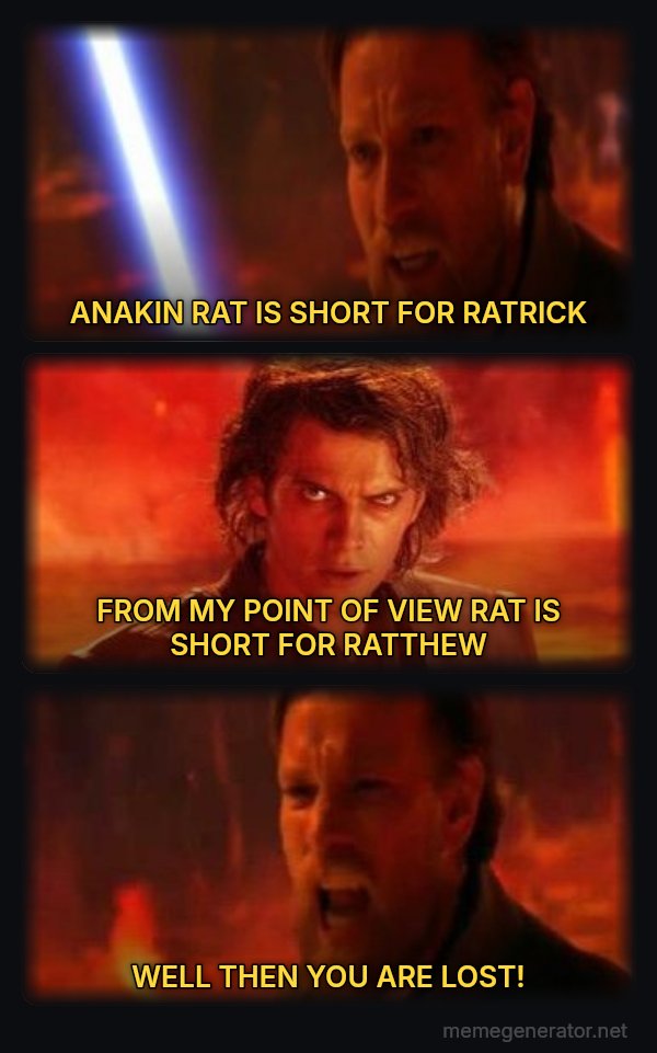 Then You Are Lost! meme: ANAKIN RAT IS SHORT FOR RATRICK / FROM MY POINT OF VIEW RAT IS SHORT FOR RATTHEW / WELL THEN YOU ARE LOST!