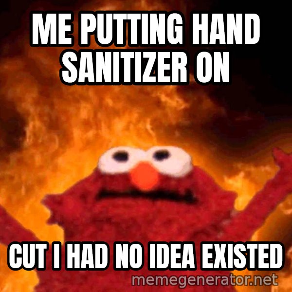 Elmo Rise meme: ME PUTTING HAND SANITIZER ON / CUT I HAD NO IDEA EXISTED