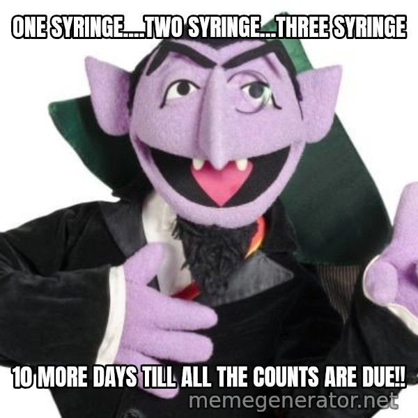 The Count meme: ONE SYRINGE....TWO SYRINGE...THREE SYRINGE / 10 MORE DAYS TILL ALL THE COUNTS ARE DUE!!