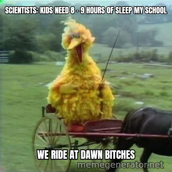 We Ride At Dawn meme: SCIENTISTS: KIDS NEED 8 - 9 HOURS OF SLEEP
MY SCHOOL / we ride at dawn bitches