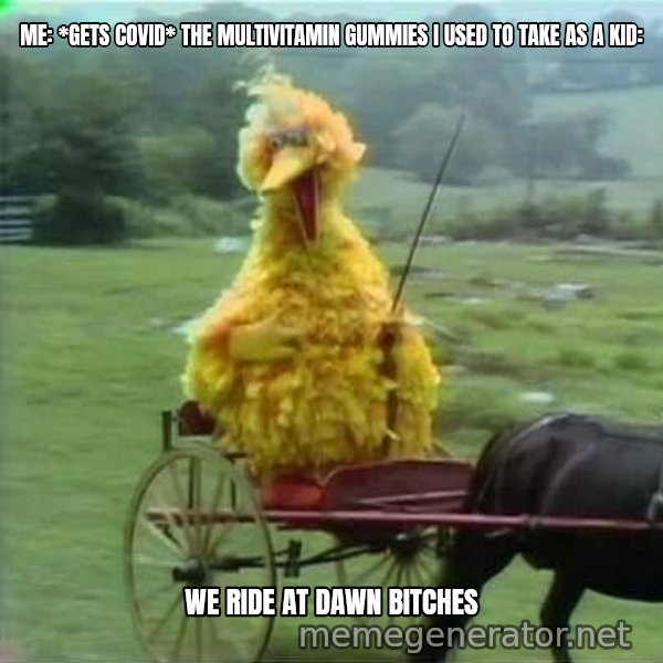 We Ride At Dawn meme: ME: *GETS COVID*
THE MULTIVITAMIN GUMMIES I USED TO TAKE AS A KID: / we ride at dawn bitches