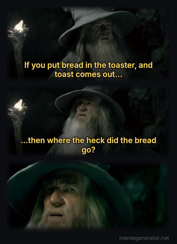 I Have No Memory of This Place meme: If you put bread in the toaster, and toast comes out... / ...then where the heck did the bread go?