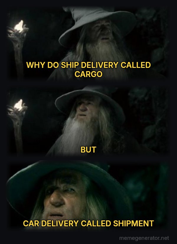 I Have No Memory of This Place meme: WHY DO SHIP DELIVERY CALLED CARGO / BUT / CAR DELIVERY CALLED SHIPMENT