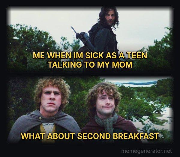 What About Second Breakfast? meme: ME WHEN IM SICK AS A TEEN TALKING TO MY MOM / WHAT ABOUT SECOND  BREAKFAST