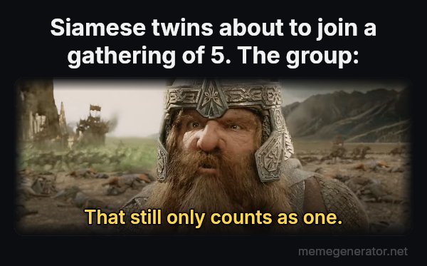 That Still Only Counts as One meme: Siamese twins about to join a gathering of 5.
The group: / That still only counts as one.