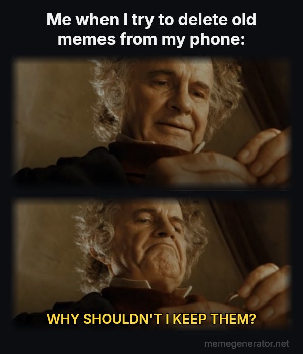 After All, Why Shouldn't I Keep It? meme: Me when I try to delete old memes from my phone: / WHY SHOULDN'T I KEEP THEM?