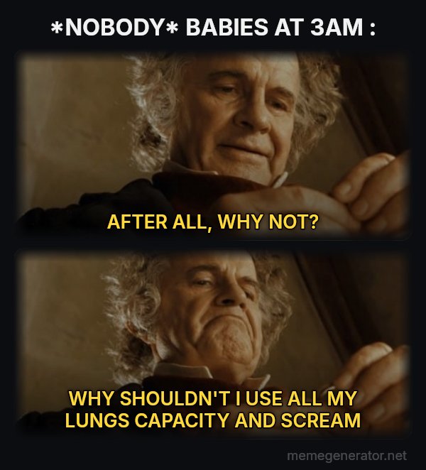 After All, Why Shouldn't I Keep It? meme: *NOBODY*

BABIES AT 3AM : / AFTER ALL, WHY NOT? / WHY SHOULDN'T I USE ALL MY LUNGS CAPACITY AND SCREAM