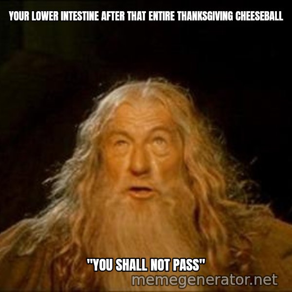 You Shall Not Pass meme: YOUR LOWER INTESTINE AFTER THAT ENTIRE THANKSGIVING CHEESEBALL / "YOU SHALL NOT PASS"