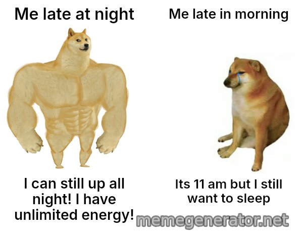 Buff Doge vs. Cheems meme: Me late at night / Me late in morning / I can still up all night! I have unlimited energy! / Its 11 am but I still want to sleep