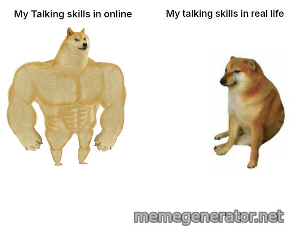 Buff Doge vs. Cheems meme: My Talking skills in online / My talking skills in real life