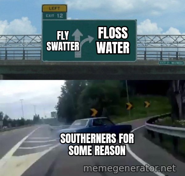 Left Exit 12 Off Ramp meme: fly swatter / floss water / southerners for some reason