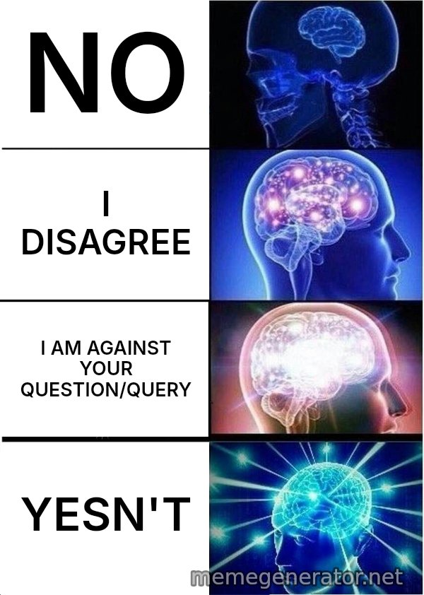 Expanding Brain meme: NO / I DISAGREE / I AM AGAINST YOUR QUESTION/QUERY / YESN'T