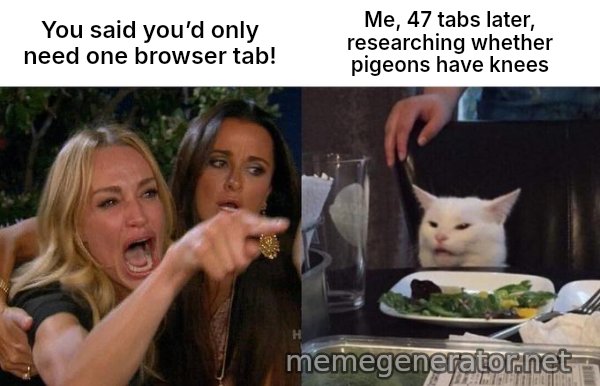 Woman Yelling At Cat meme: You said you’d only need one browser tab! / Me, 47 tabs later, researching whether pigeons have knees