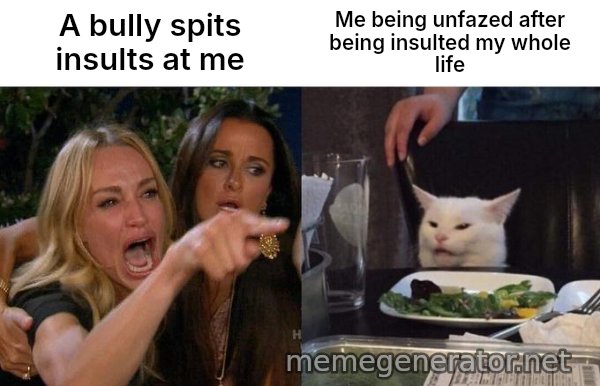 Woman Yelling At Cat meme: A bully spits insults at me / Me being unfazed after being insulted my whole life