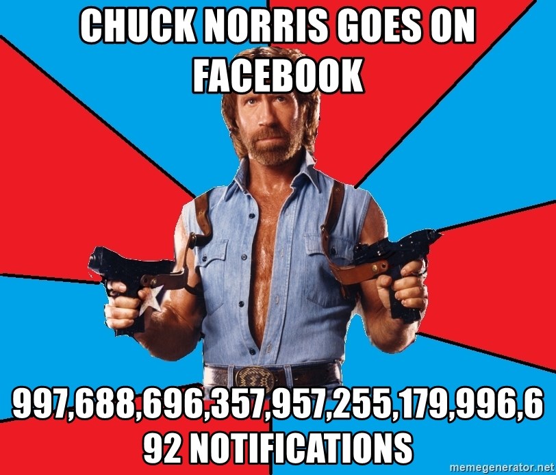 Chuck Norris  - Chuck Norris Goes on Facebook 997,688,696,357,957,255,179,996,692 notifications