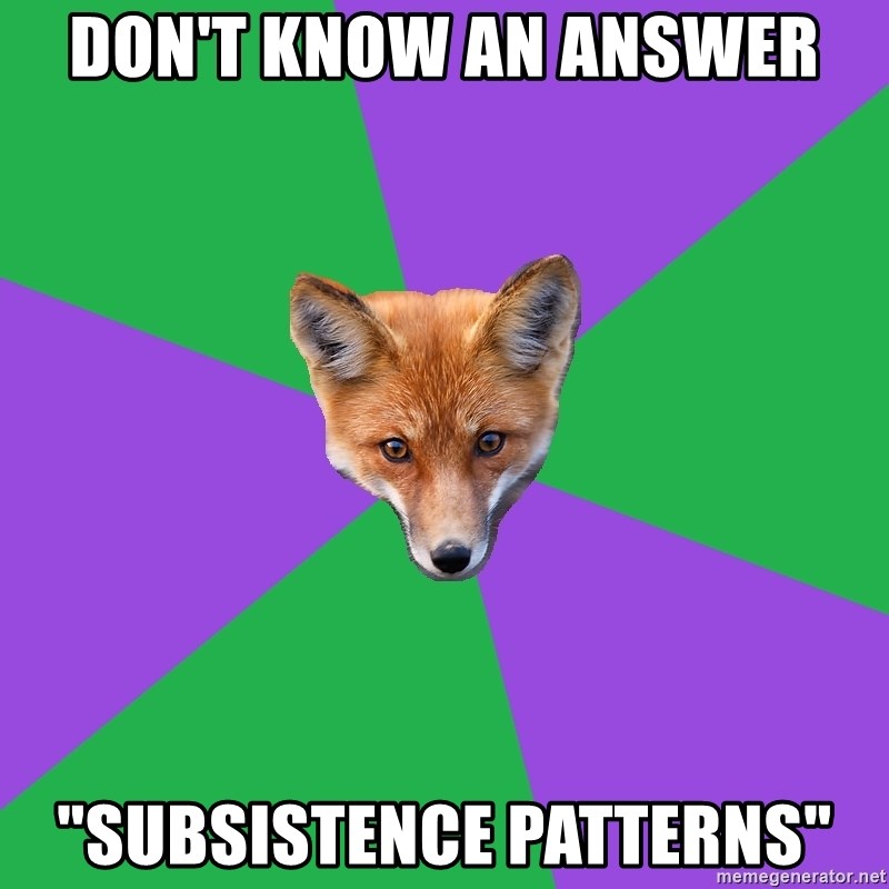Anthropology Major Fox - Don't know an answer "Subsistence patterns"