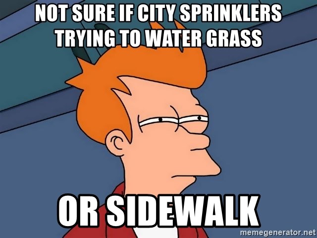 Futurama Fry - Not sure if city sprinklers trying to water grass or sidewalk