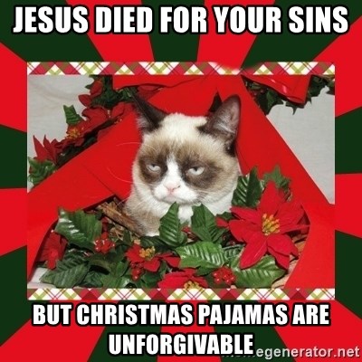 GRUMPY CAT ON CHRISTMAS - jesus died for your sins but christmas pajamas are unforgivable