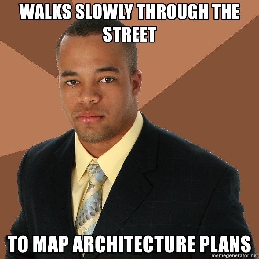 Successful Black Man - walks slowly through the street to map architecture plans