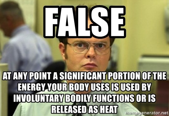 Dwight Meme - false at any point a significant portion of the energy your body uses is used by INVOLUNTARY bodily functions or is released as heat