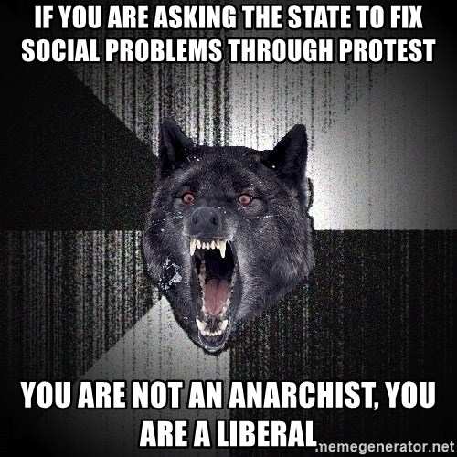 Insanity Wolf - IF YOU ARE ASKING THE STATE TO FIX SOCIAL PROBLEMS THROUGH PROTEST YOU ARE NOT AN ANARCHIST, YOU ARE A LIBERAL